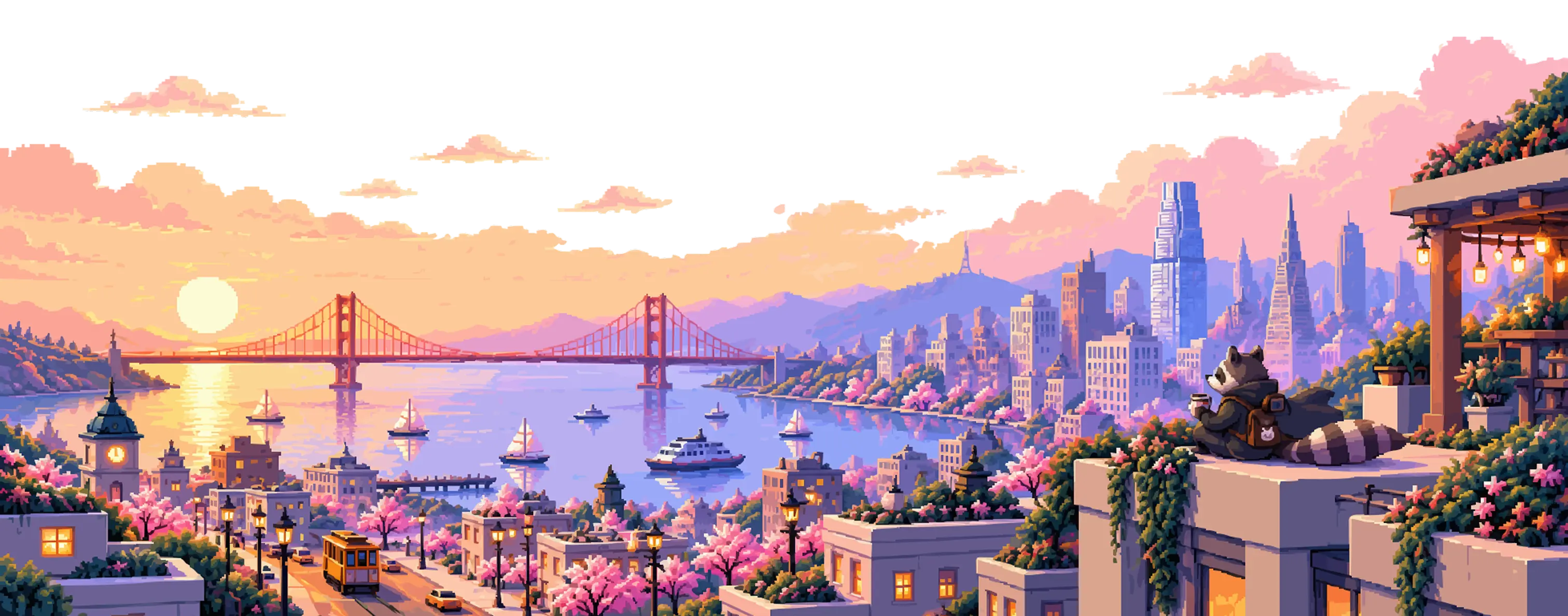 A raccoon on a terrace overlooking a harbor city at sunset